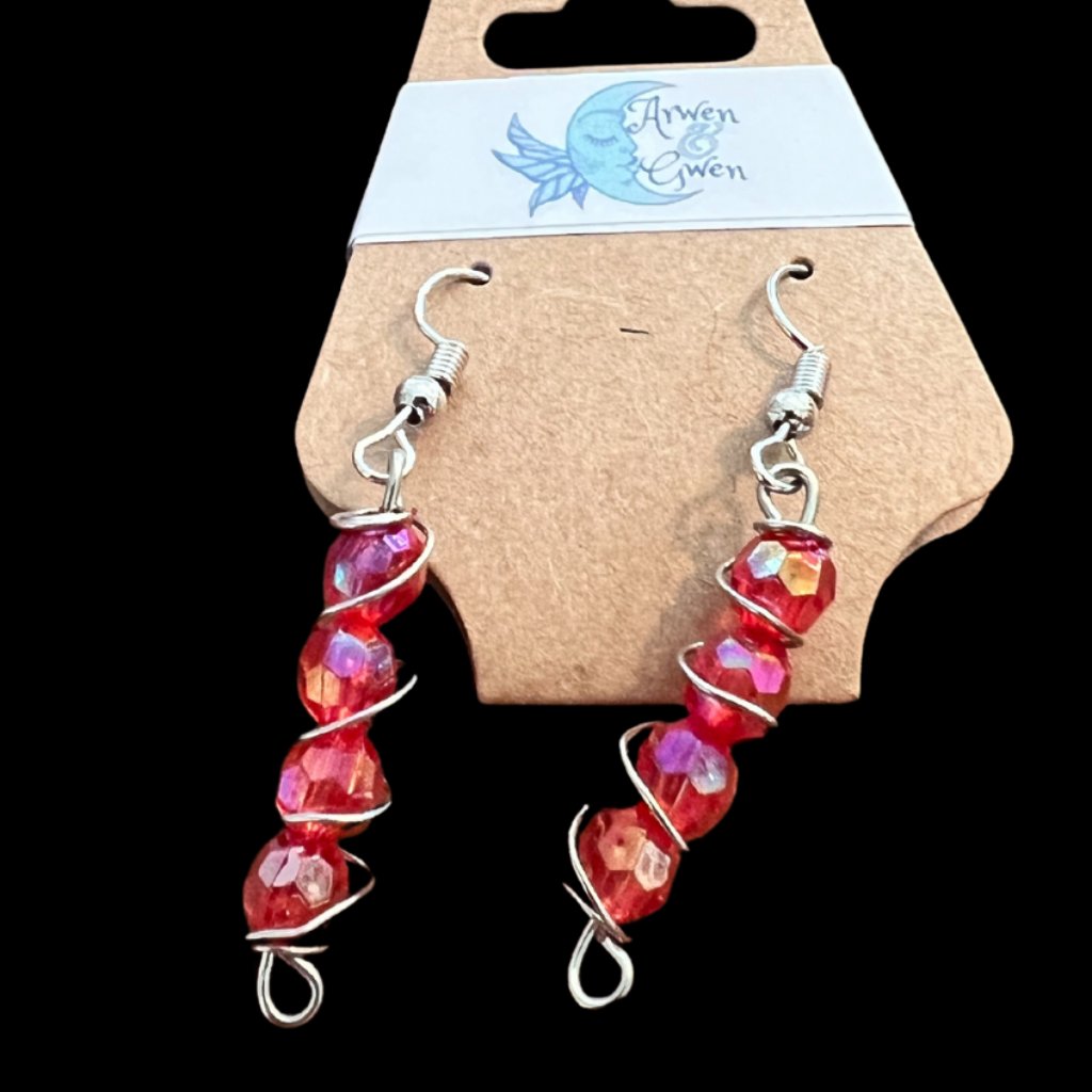 Silver Wire Drop Earrings, Spiral Design With Red Acrylic Gems, Handmade